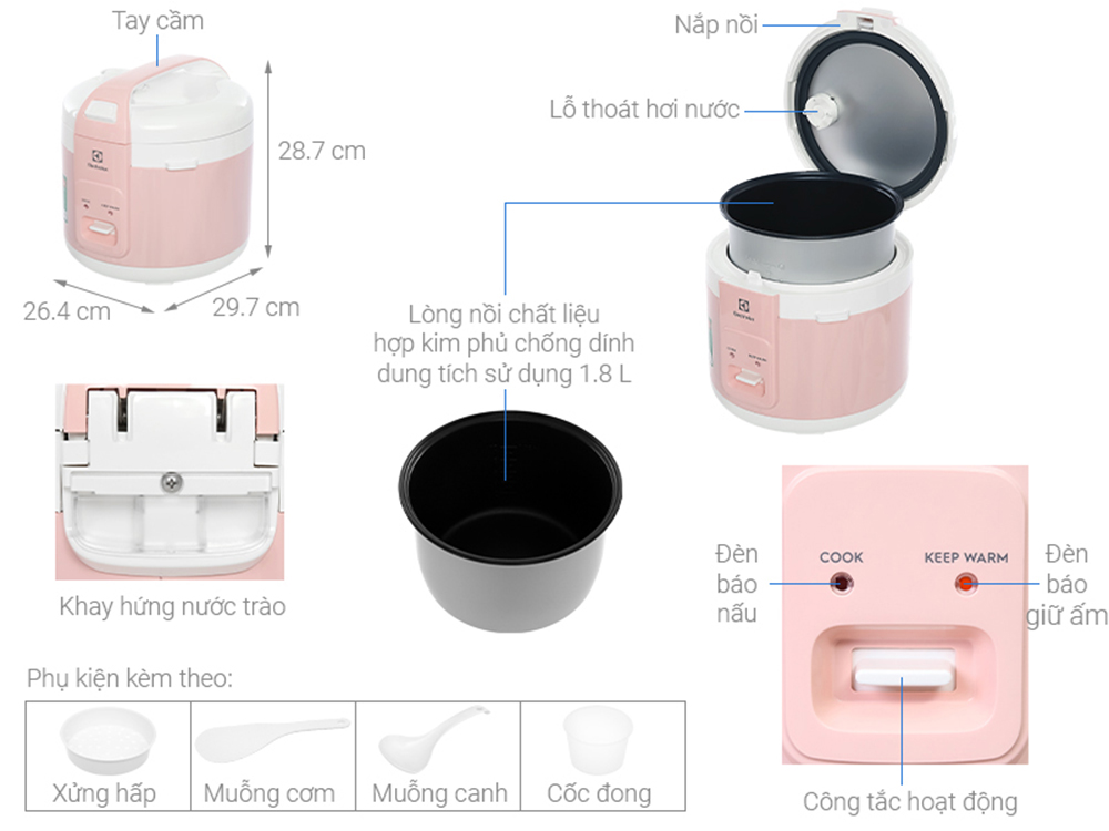 Nồi cơm nắp gài 1.8 lít Electrolux E4RC1-320P - Hàng chính hãng