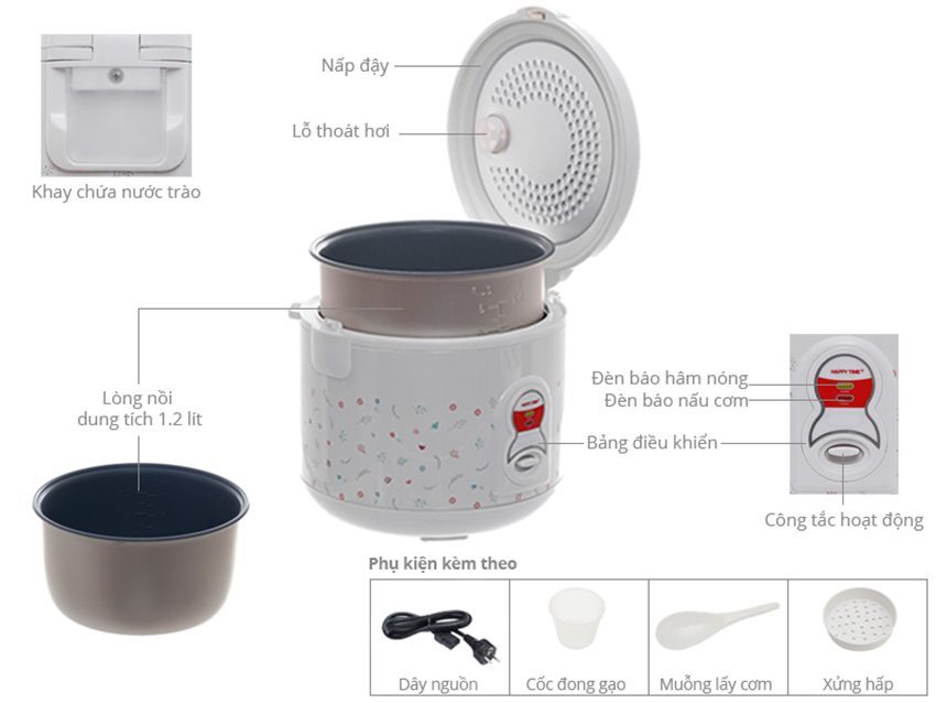 Chi tiết của nồi cơm điện Happytime Sunhouse HTD-8108W