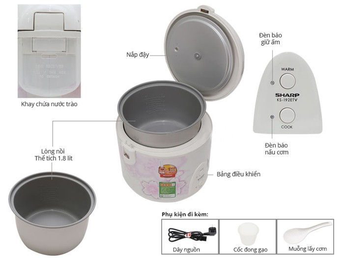 Nồi cơm điện Sharp KS-192ETV - Thương hiệu Nhật Bản - Hàng chính hãng