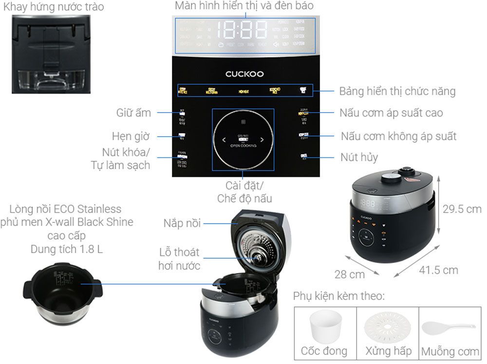 Nồi cơm áp suất cao tần Cuckoo CRP-LHTR1009F 1.8 lít - Hàng chính hãng