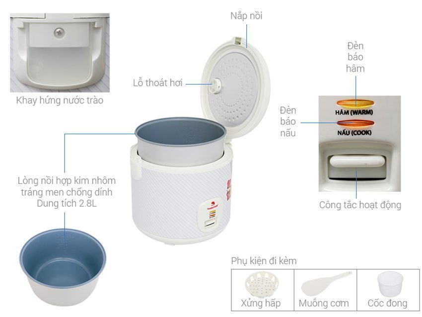 Chi tiết của nồi cơm điện nắp gài Happy Cook HCJ-280