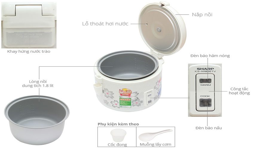 Nồi cơm điện nắp gài Sharp KS-N182ETV-SW - Hàng chính hãng