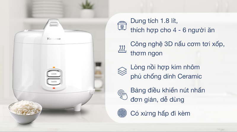 Nồi cơm điện nắp gài Kangaroo KG18RC9 - 1.8 lít - Hàng chính hãng