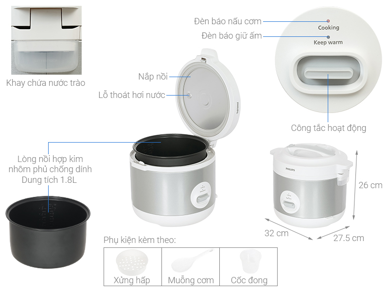 Nồi cơm điện nắp gài Philips HD3008/30 - 1.8 lít - Hàng chính hãng
