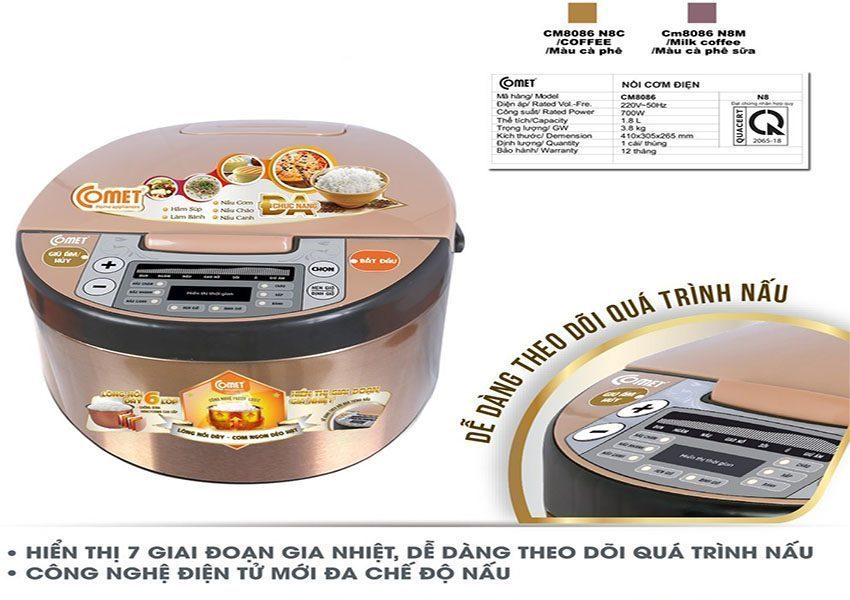 Nồi cơm điện tử 1.8 lít Comet CM8086N8 - Hàng chính hãng