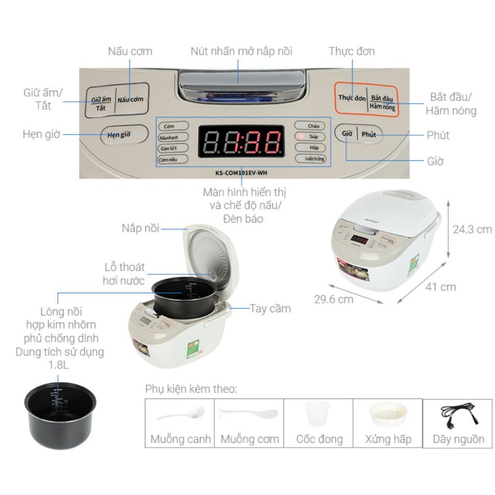 Nồi cơm điện tử Sharp 1.8 lít KS-COM191EV-WH - Hàng chính hãng
