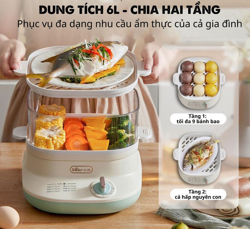 Nồi hấp 2 tầng Bear DZG-C60W9 - Hàng chính hãng