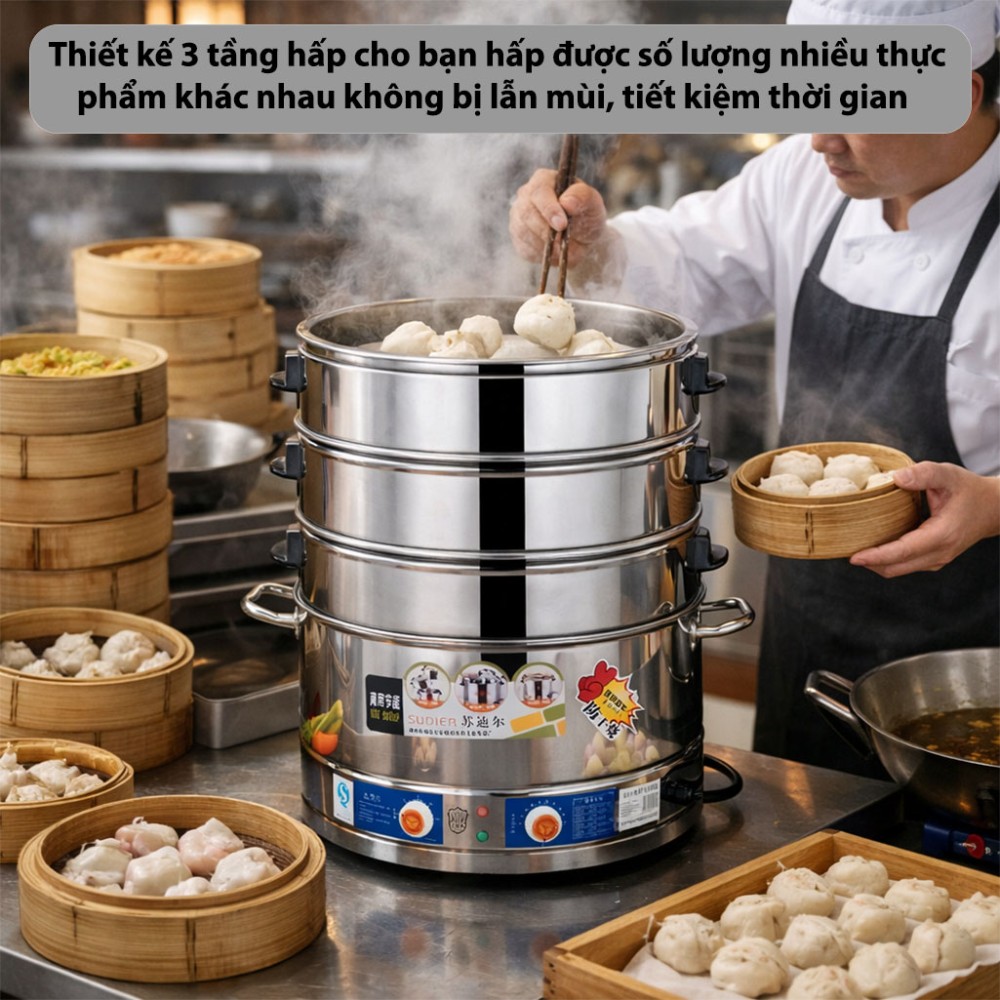 Nồi hấp điện 3 tầng công xuất 3000W Sudier Size-40cm - Hàng chính hãng