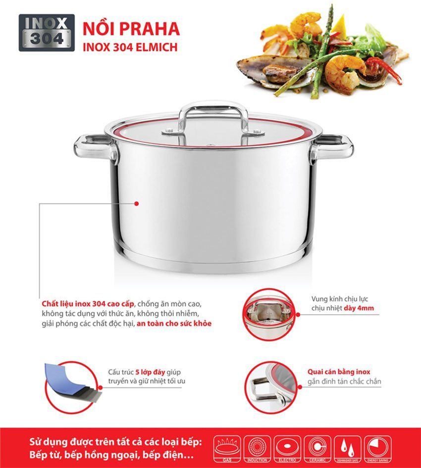 Nồi inox 304 Praha 18cm Elmich EL3277 với thiết kế đáy 5 lớp