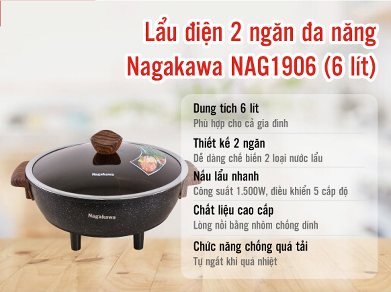 Nồi lẩu điện Nagakawa 6 lít NAG1906 - Hàng chính hãng