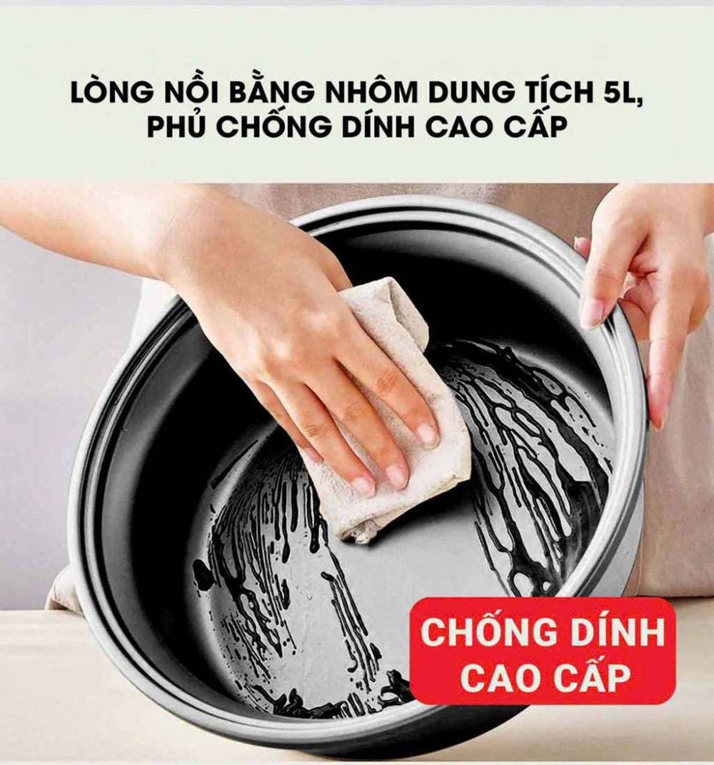 Lòng nồi được phủ lớp chống dính cao cấp, hạn chế bám dính thực phẩm