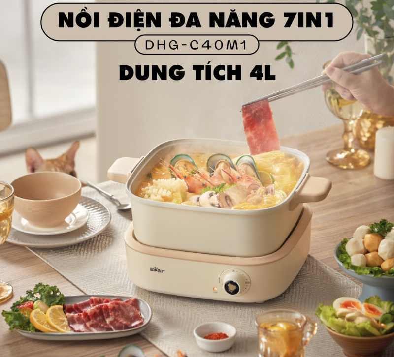 Nồi lẩu điện đa năng 7 in 1 Bear DHG-C40M1 chế biến được đa dạng món ăn