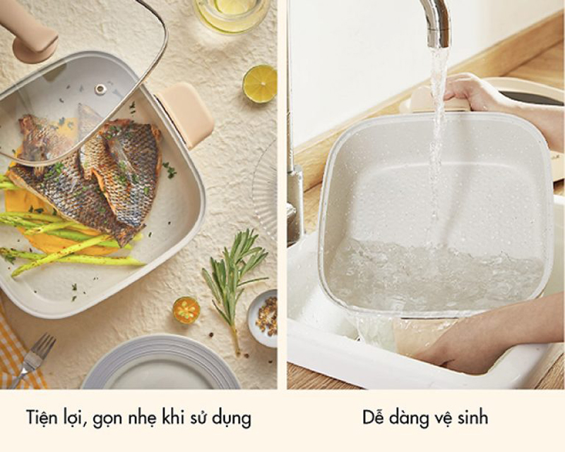 Lòng nồi bằng hợp kim nhôm phủ chống dính, an toàn sức khỏe, dễ vệ sinh