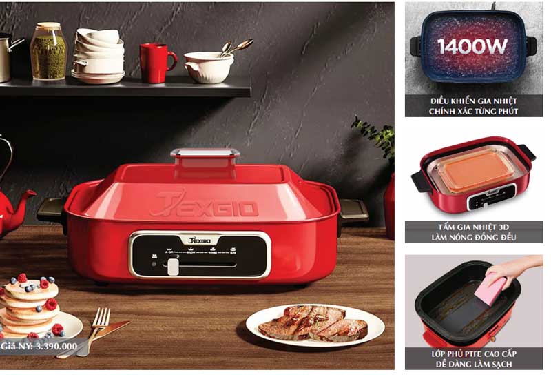 Nồi lẩu đa năng Texgio TG-GHP4 có thể dùng nấu lẩu, nướng, chiên, xào, hấp, luộc, làm bánh,..