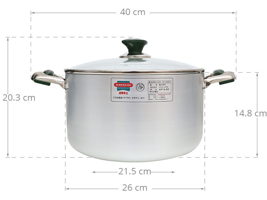 Kích thước của nồi nhôm Anod Sunhouse SHG 88-26S
