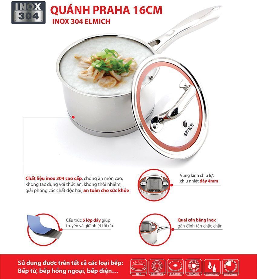 Quánh inox Praha Elmich EL3276 với đáy thiết kế 5 lớp
