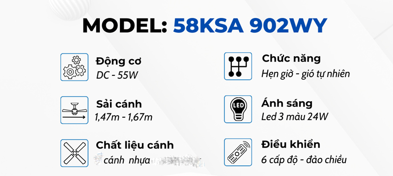 Quạt trần đèn 6 cánh Klasse 58KSA - Hàng chính hãng