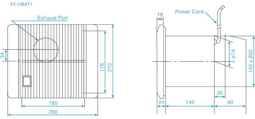 Kích thước của quạt hút âm tường Panasonic FV-10BAT1
