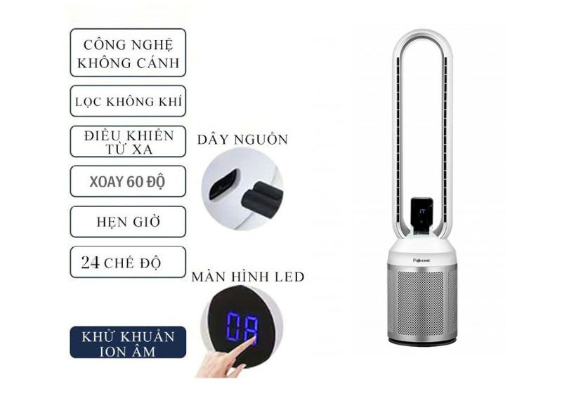 Quạt không cánh tích hợp lọc không khí Fujihome BF308DC - Hàng chính hãng