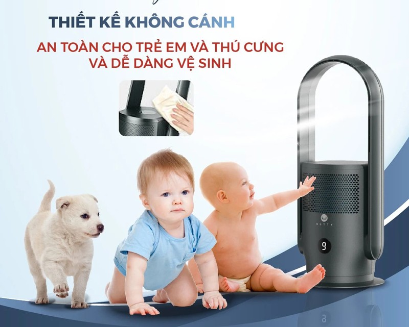 Thiết kế không cánh nên an toàn khi nhà có trẻ nhỏ, dừng hoạt động ngay khi có hiện tượng nghiêng đổ.
