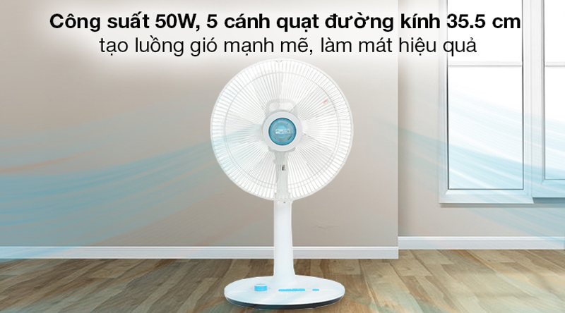 Công suất 50W với 5 cánh quạt đường kính 35.5 cm tạo luồng gió mát 
