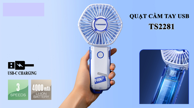 Quạt sạc cầm tay USB ngoài trời Tiross TS2281 - Hàng chính hãng