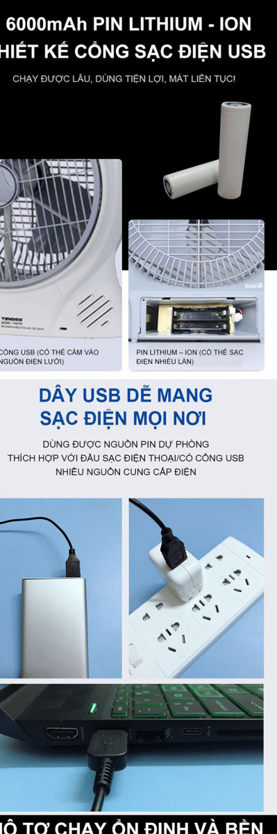 Quạt sạc điện Tiross TS9172 - Hàng chính hãng