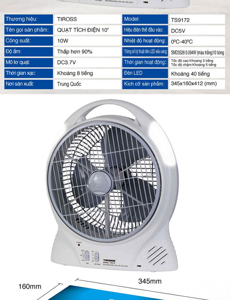 Quạt sạc điện Tiross TS9172 - Hàng chính hãng