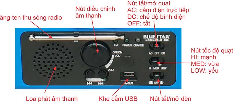 Quạt sạc tích điện Bluestar BS-6712QS - Hàng chính hãng