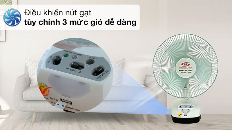 Quạt sạc tích điện Honjianda HJD-FL 301LED (1 Bình 6V5Ah) - Hàng chính hãng
