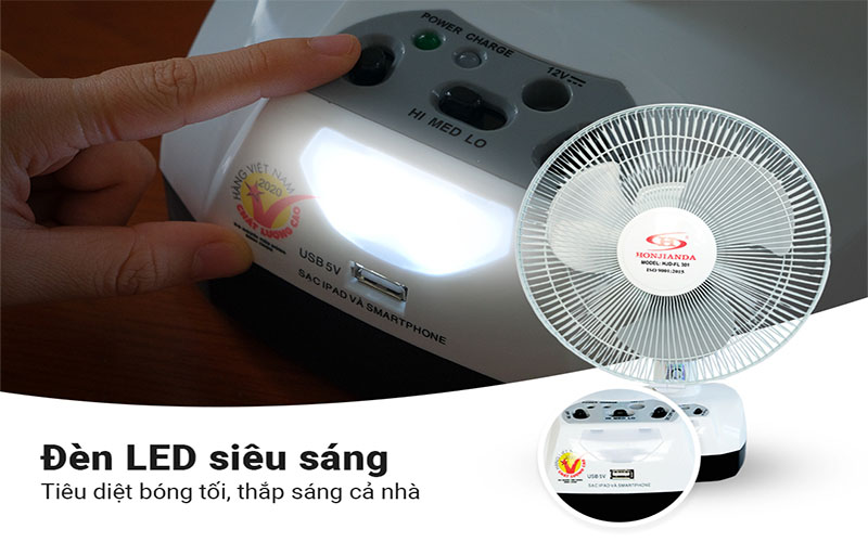 Quạt sạc tích điện Honjianda HJD-FL 301LED (1 Bình 6V5Ah) - Hàng chính hãng