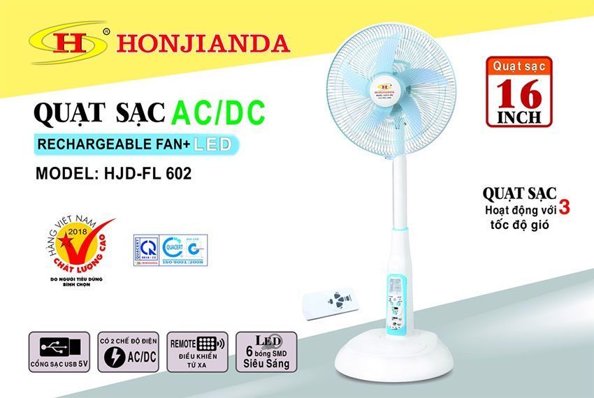 Quạt sạc tích điện Honjianda HJD-FL 602 (Bình 12V5Ah) - Hàng chính hãng