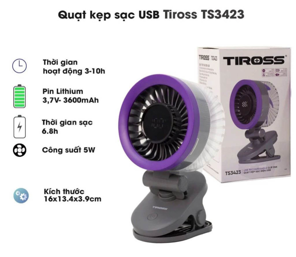 Quạt kẹp sạc điện USB Tiross TS3423 - Hàng chính hãng