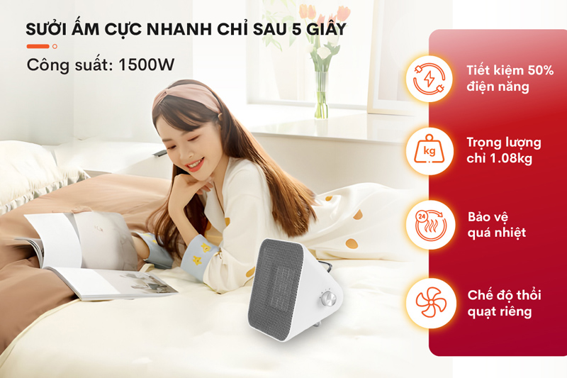 Công suất tối đa lên đến 1500W, quạt làm ấm không gian nhanh chóng sau 5 giây