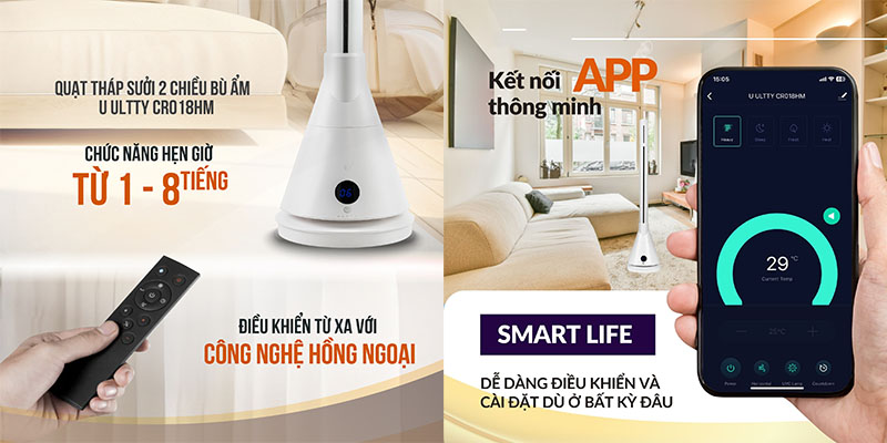 Quạt tháp sưởi 2 chiều bù ẩm U ULTTY CR018HM - Hàng chính hãng
