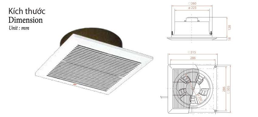 Kích thước của quạt thông gió KDK 20CQT1 
