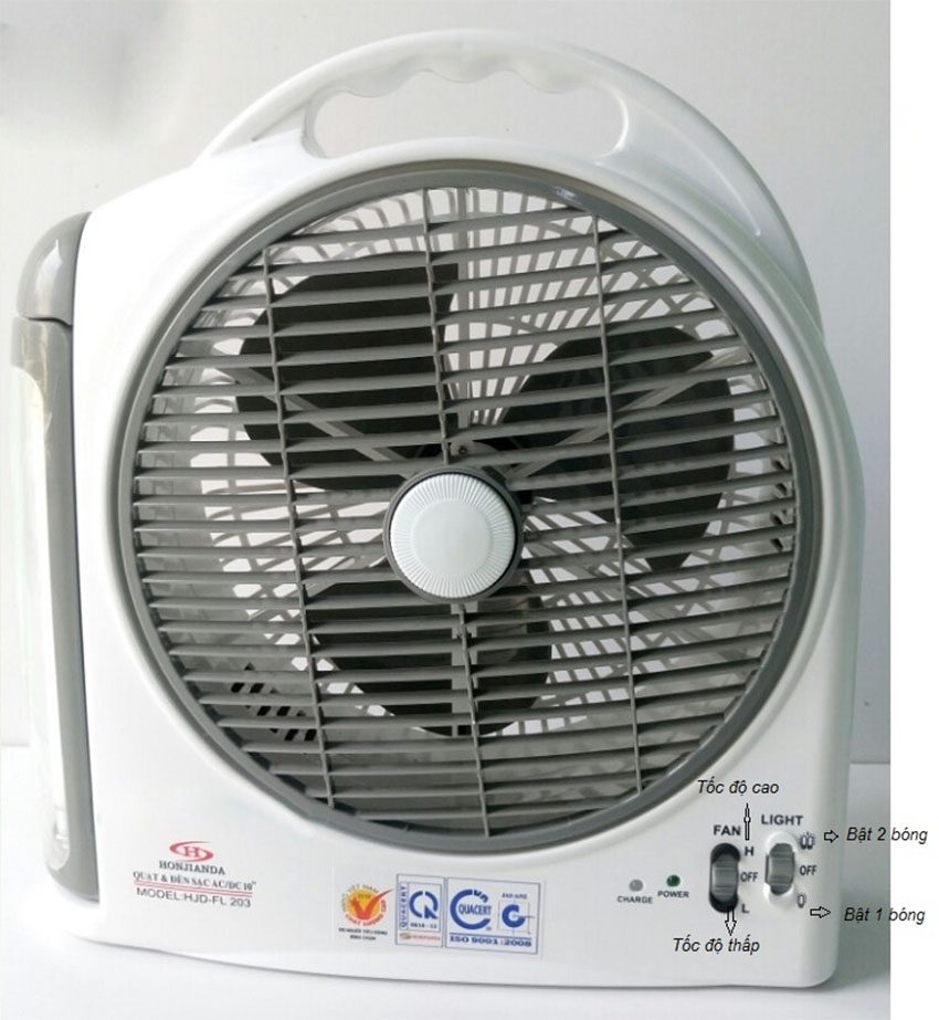 Quạt tích điện và đèn sạc Honjianda HJD-FL 203 - 2 bình - Hàng chính hãng