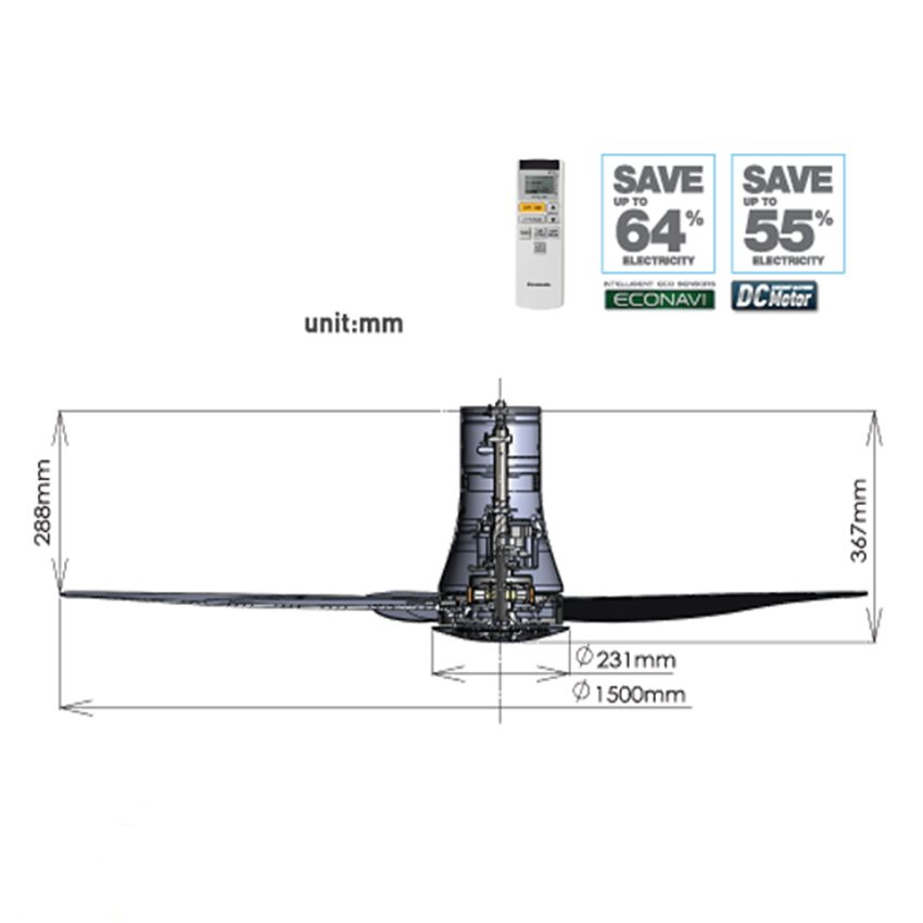 Kích thước của quạt trần 5 cánh Panasonic F-60TAN