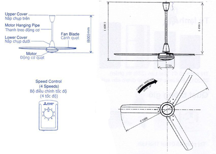 Quạt trần ba cánh Mitsubishi C60-GW - Hàng chính hãng