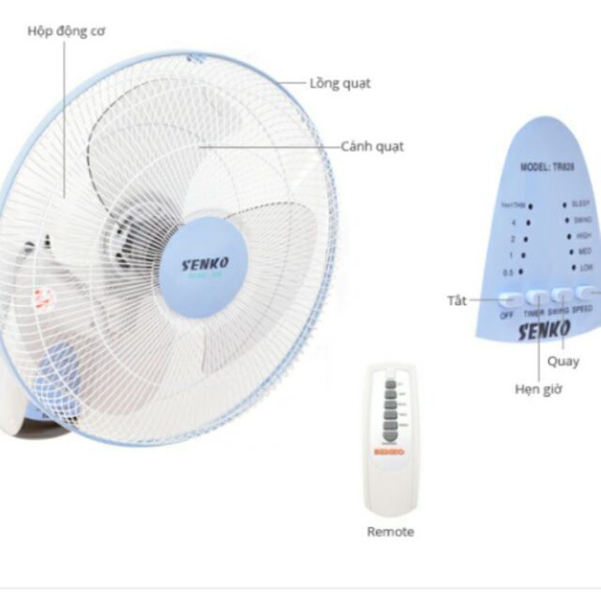 Quạt treo tường có remote SENKO TR1428 có cầu chì chống cháy nổ