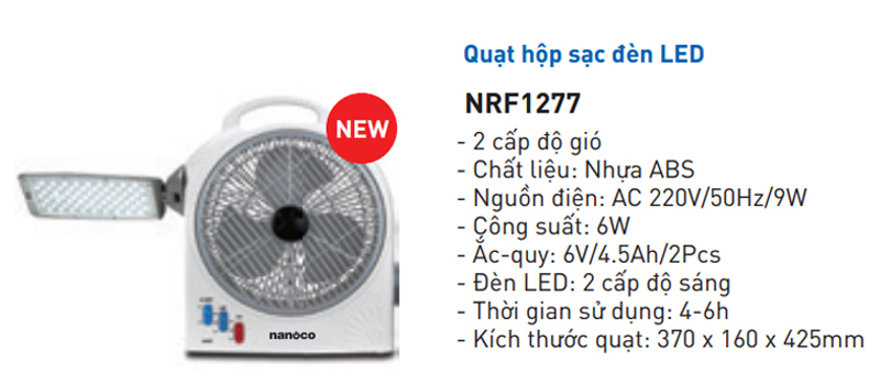 Quạt hộp sạc đèn LED Nanoco NRF1277 - Hàng chính hãng