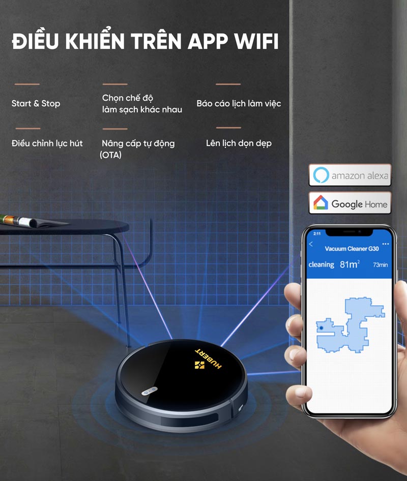 Robot hút bụi lau nhà Hubert HB-A68 Plus - Hàng chính hãng