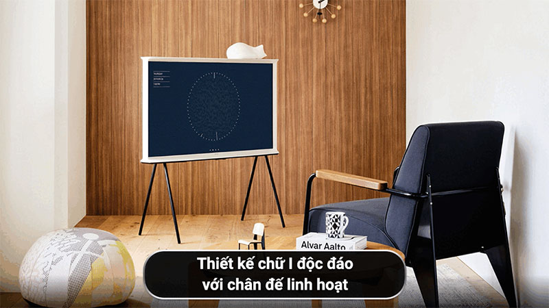 Thiết kế của Smart Tivi kiểu chữ I có chân The Serif QLED Samsung 4K 55 inch QA55LS01BB