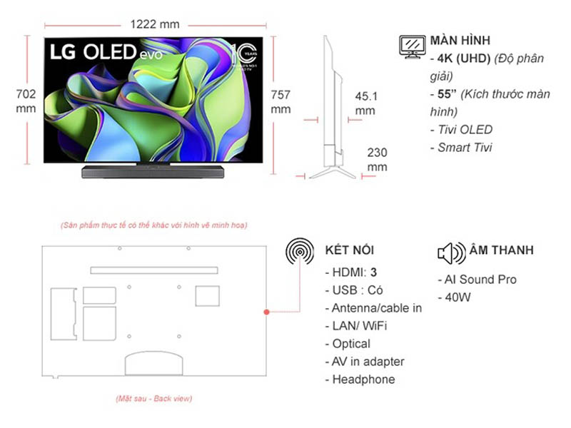 Kích thước của Smart Tivi Oled LG 4K 55 inch 55C3PSA