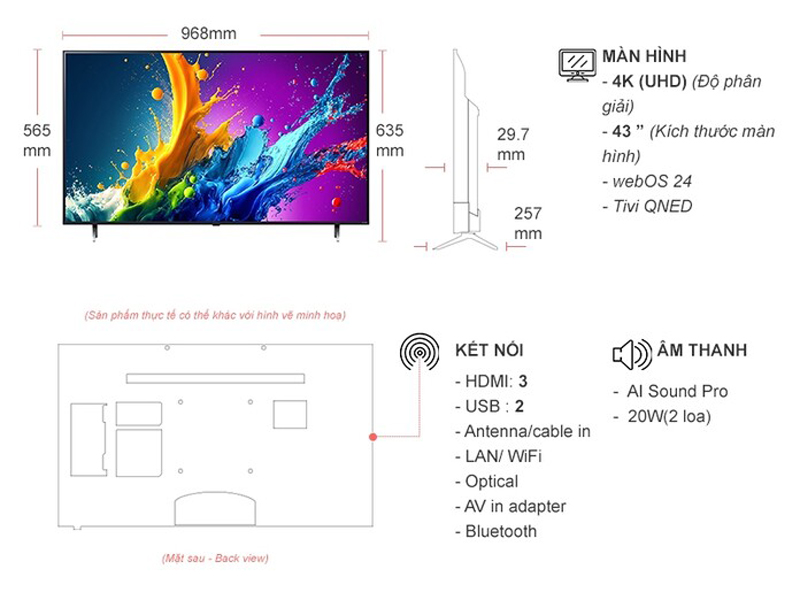 Kích thước của smart tivi qned LG 4K 43 inch 43QNED80TSA