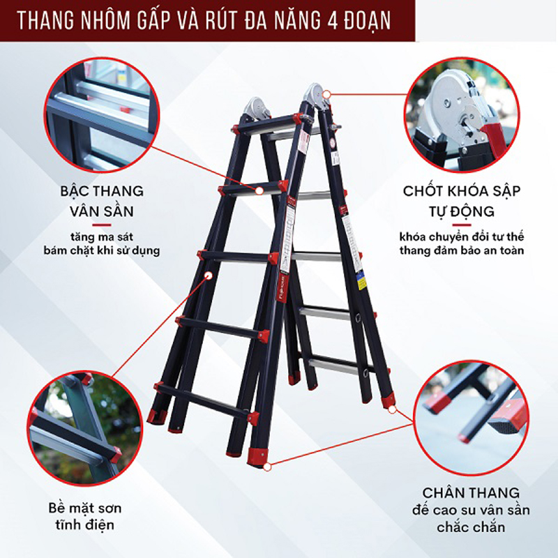 Thang nhôm gấp và rút đa năng 4 đoạn Fujihome ML45 (Black) - Hàng chính hãng
