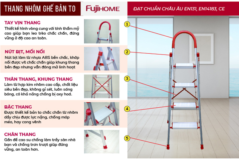 Thang nhôm ghế bản to 4 bậc Fujihome SL-304 - Hàng chính hãng
