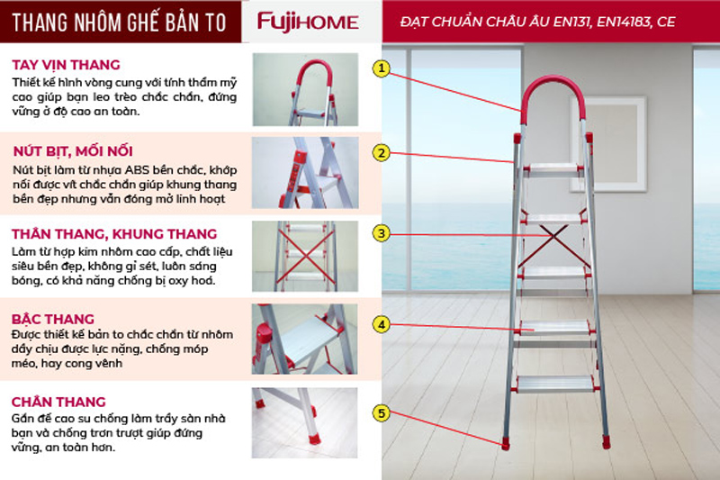 Thang nhôm ghế bản to 5 bậc Fujihome SL-305 - Hàng chính hãng