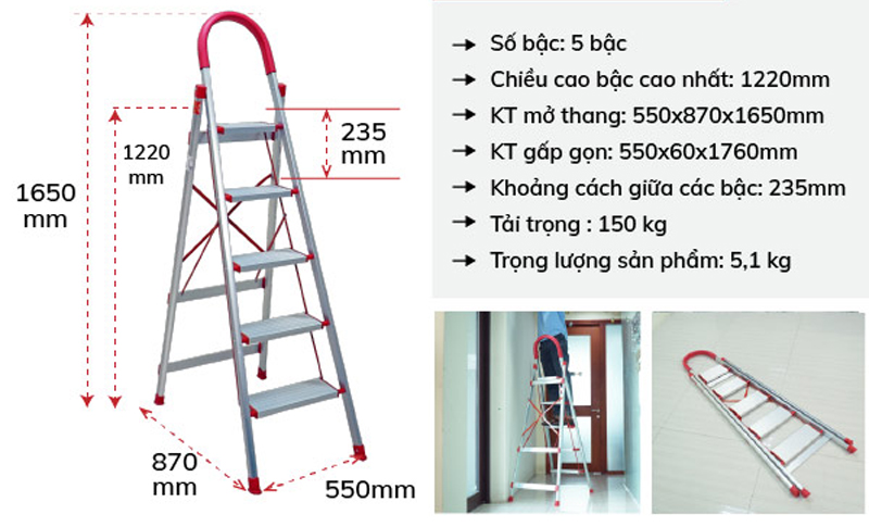 Thang nhôm ghế bản to 5 bậc Fujihome SL-305 - Hàng chính hãng