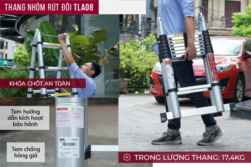 Kích thước gọn, trọng lượng chỉ 17.4kg nên dễ dàng di chuyển thang đến nhiều vị trí